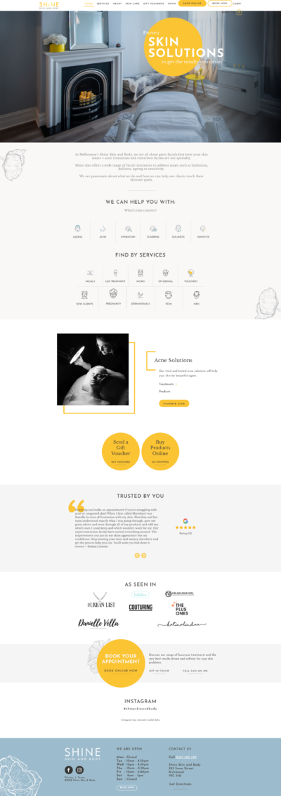 shine skin & beauty company WordPress website folio screenshot